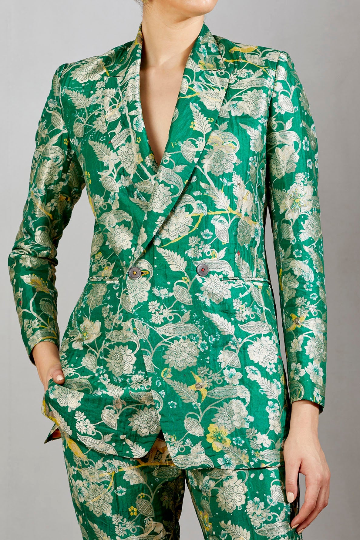Double Breasted Blazer Silk Brocade Green
