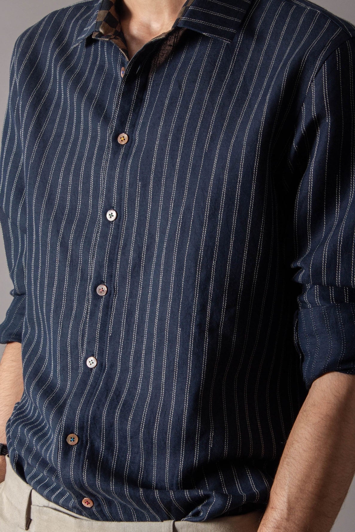 Classic Shirt Cotton Linen Navy Stripe