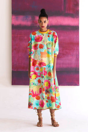Fresco Full Sleeved Rozana Dress Fuchsia in Cotton Silk