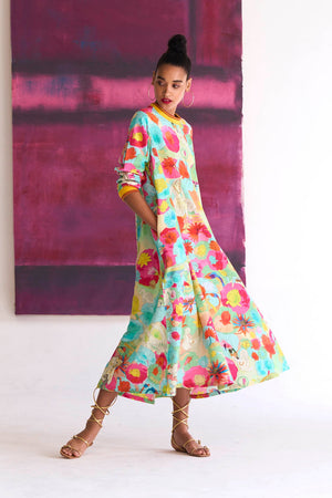 Fresco Full Sleeved Rozana Dress Fuchsia in Cotton Silk