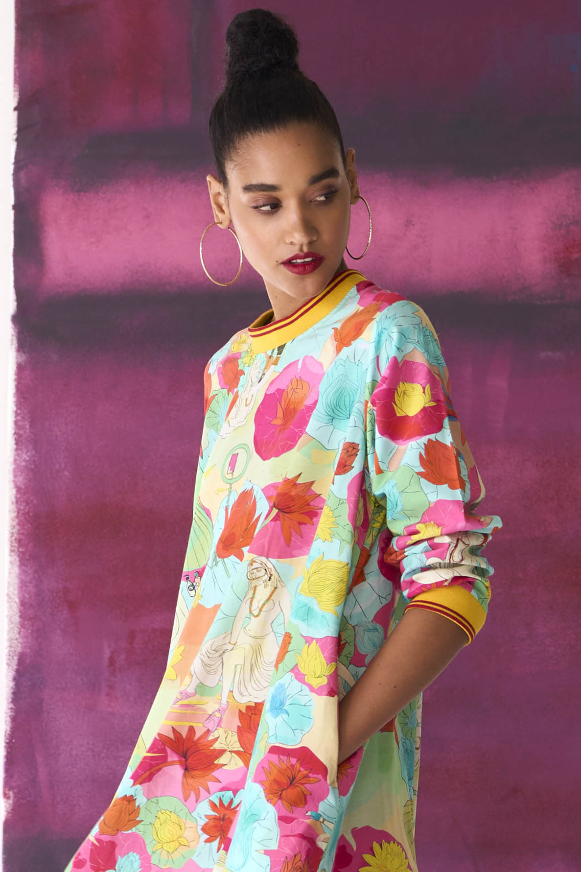 Fresco Full Sleeved Rozana Dress Fuchsia in Cotton Silk