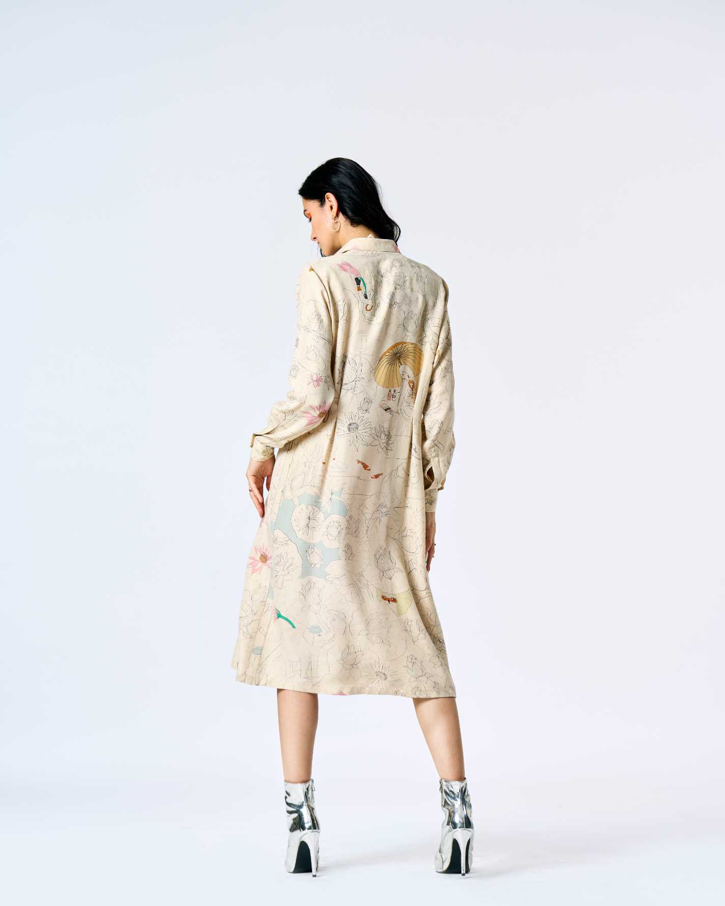 Fresco Pleated Dress White Muga Satin Silk