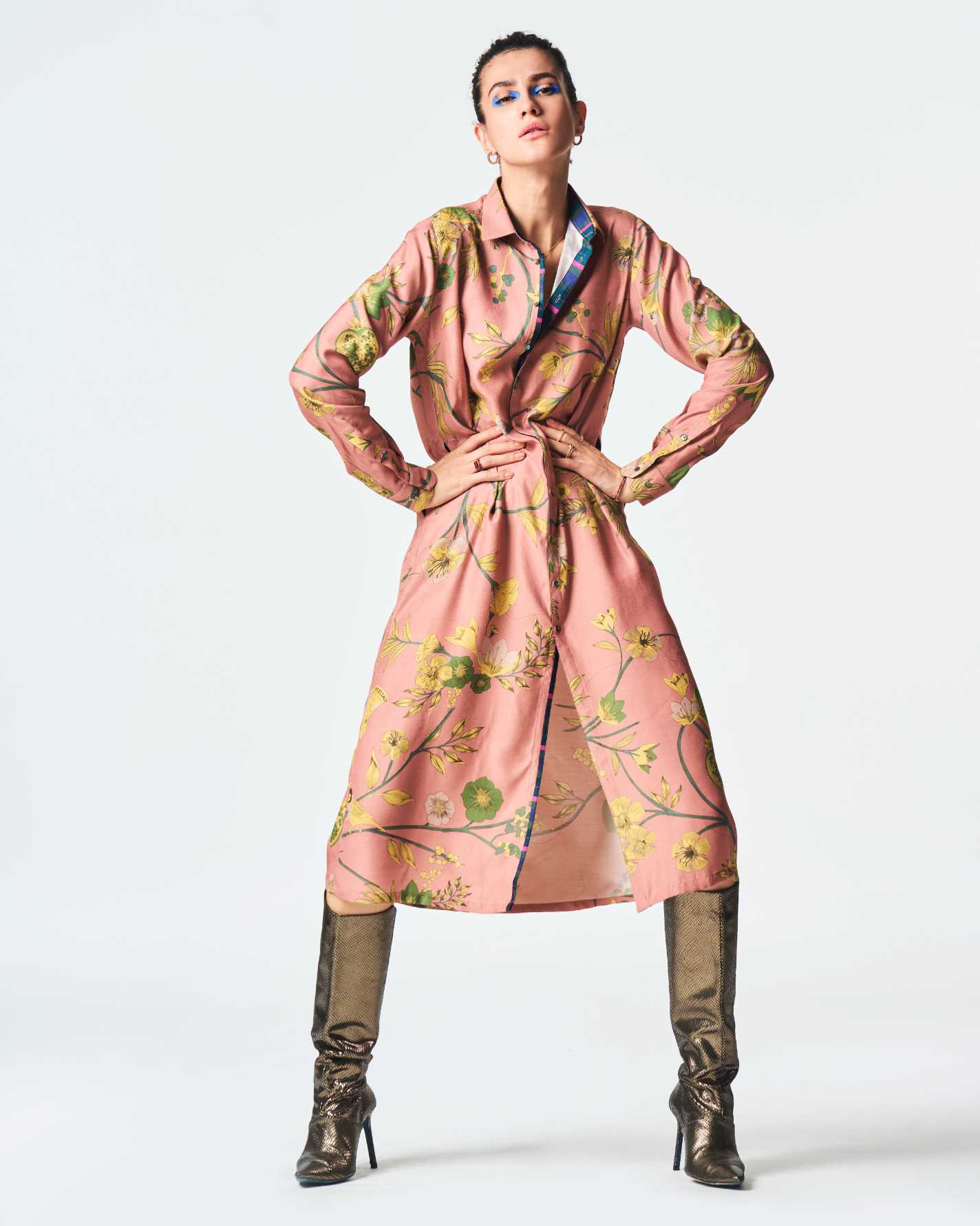 Pleated Dress Muga Satin Silk Rose