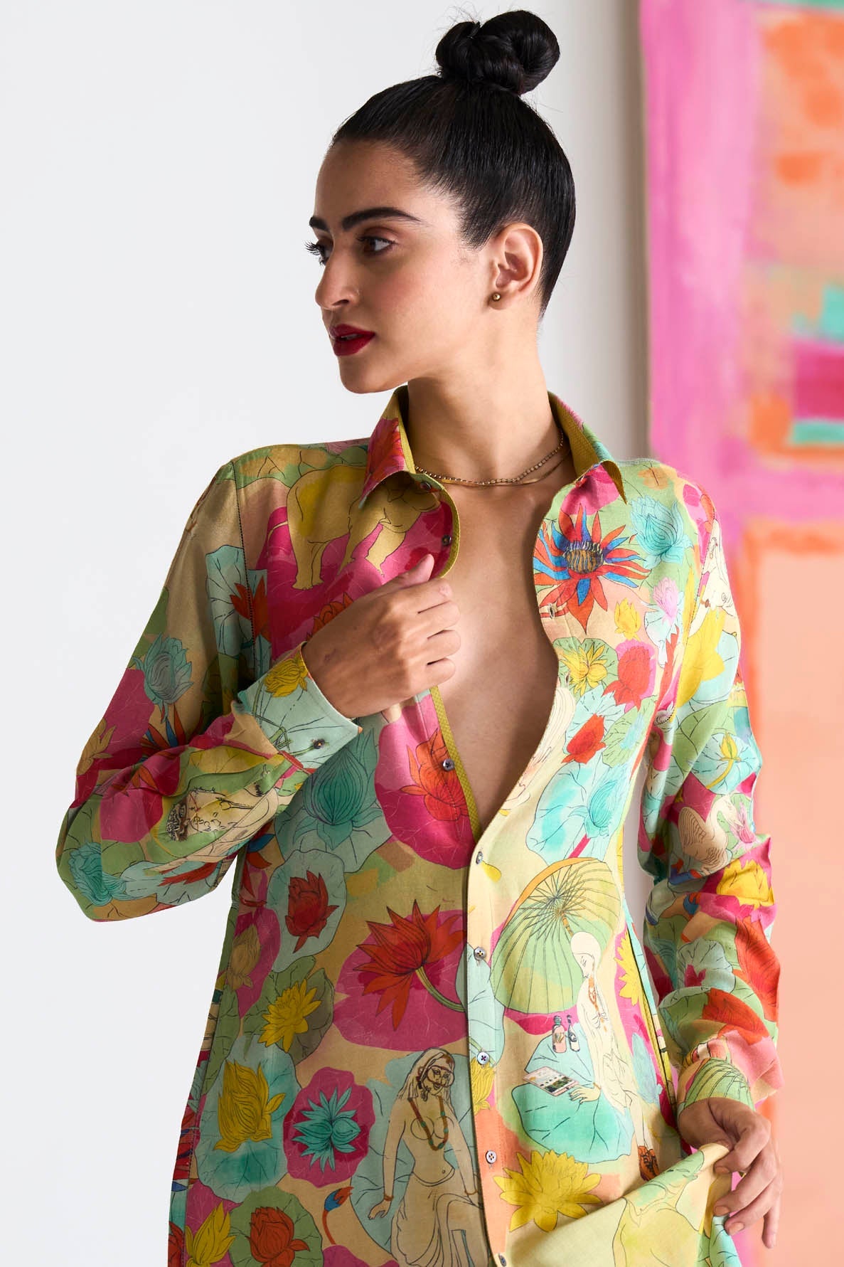 Fresco Shirt Dress Fuchsia in Muga Satin Silk