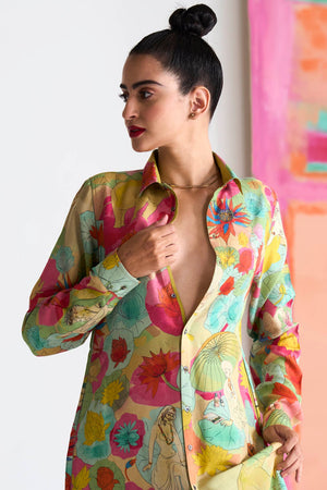 Fresco Shirt Dress Fuchsia in Muga Satin Silk