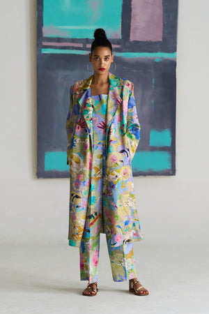 Long Coat Silk Damask Purple