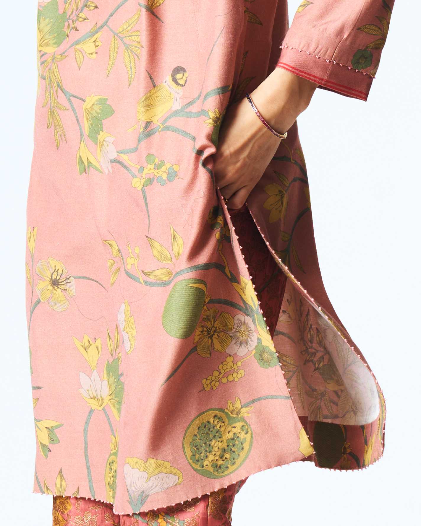 V Neck Kurta Muga Satin Rose