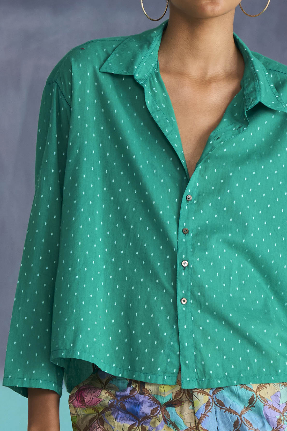Classic Cropped Shirt Cotton Dobby Aqua Green