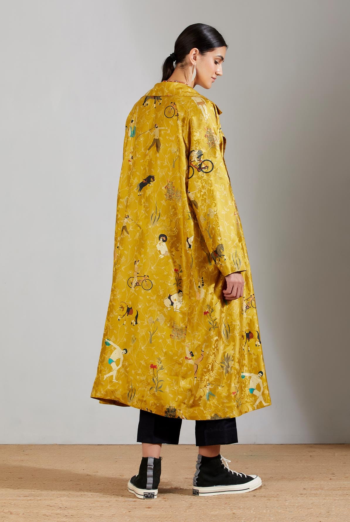 Long Coat Silk Damask Mustard