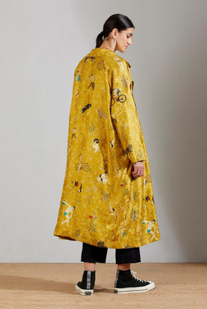 Long Coat Silk Damask Mustard