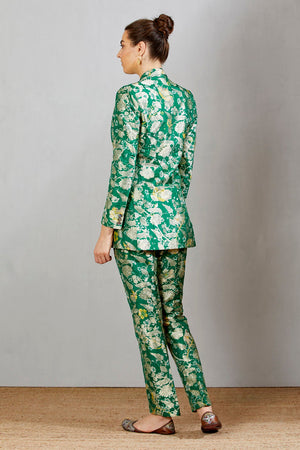 Boot Cut Trouser Silk Brocade Green