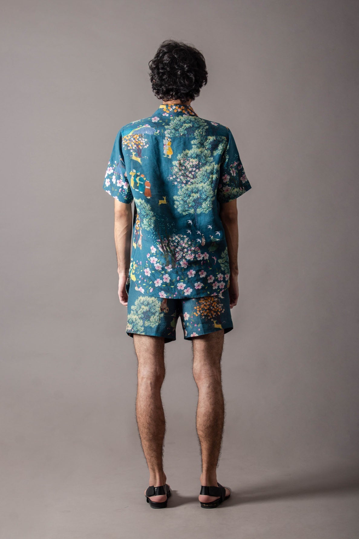 Teal Cherry Blossom Short Shorts In Linen