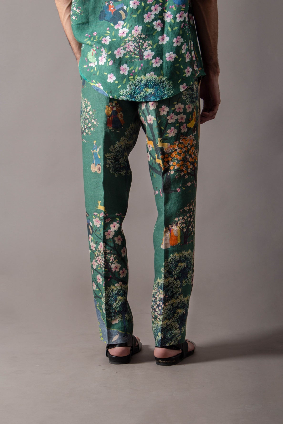 Green Cherry Blossom Classic Trouser In Linen