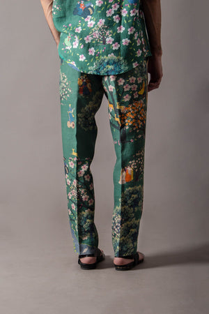 Green Cherry Blossom Classic Trouser In Linen