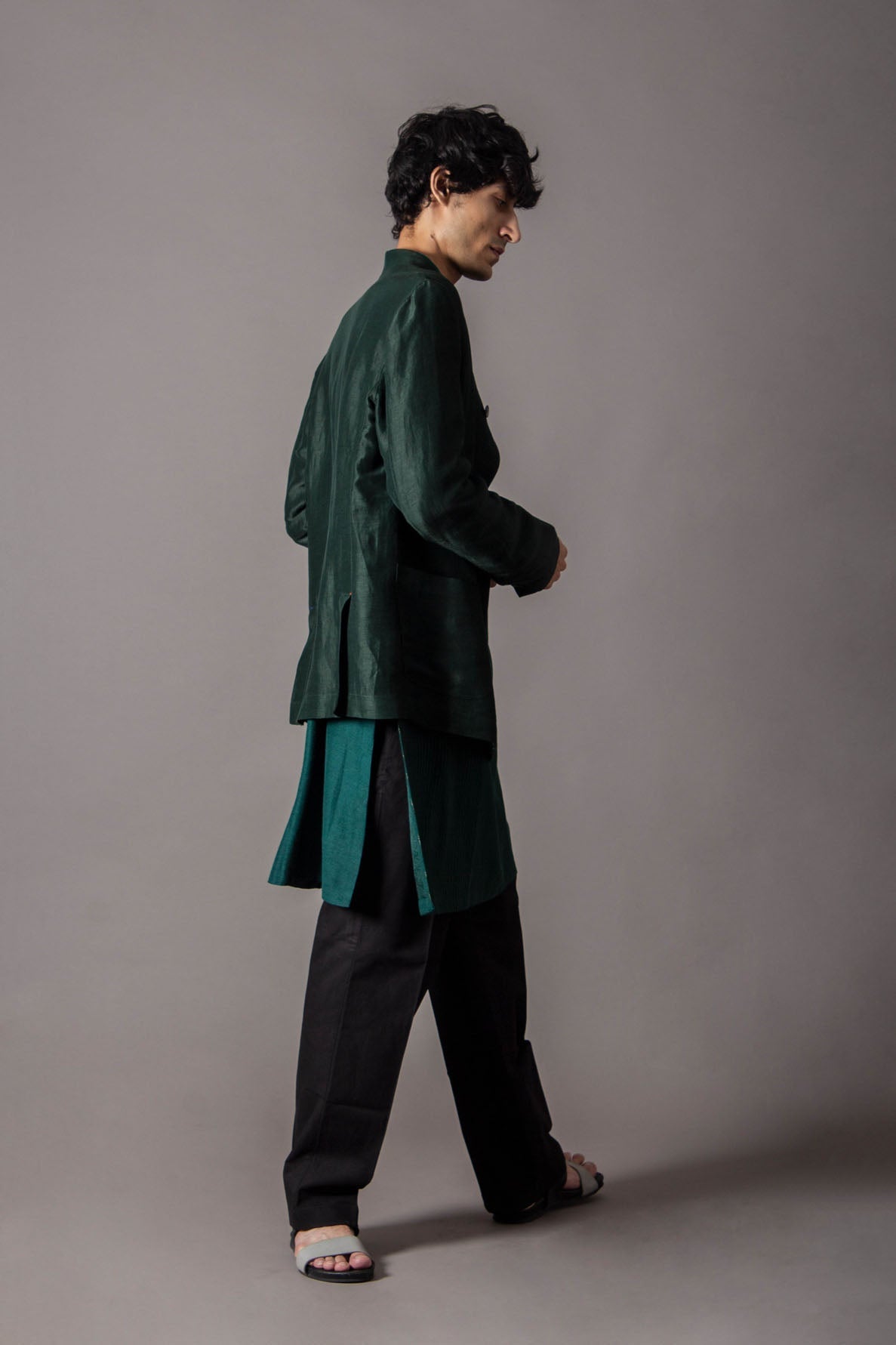 Bandhgala Satin Linen Deep Forest