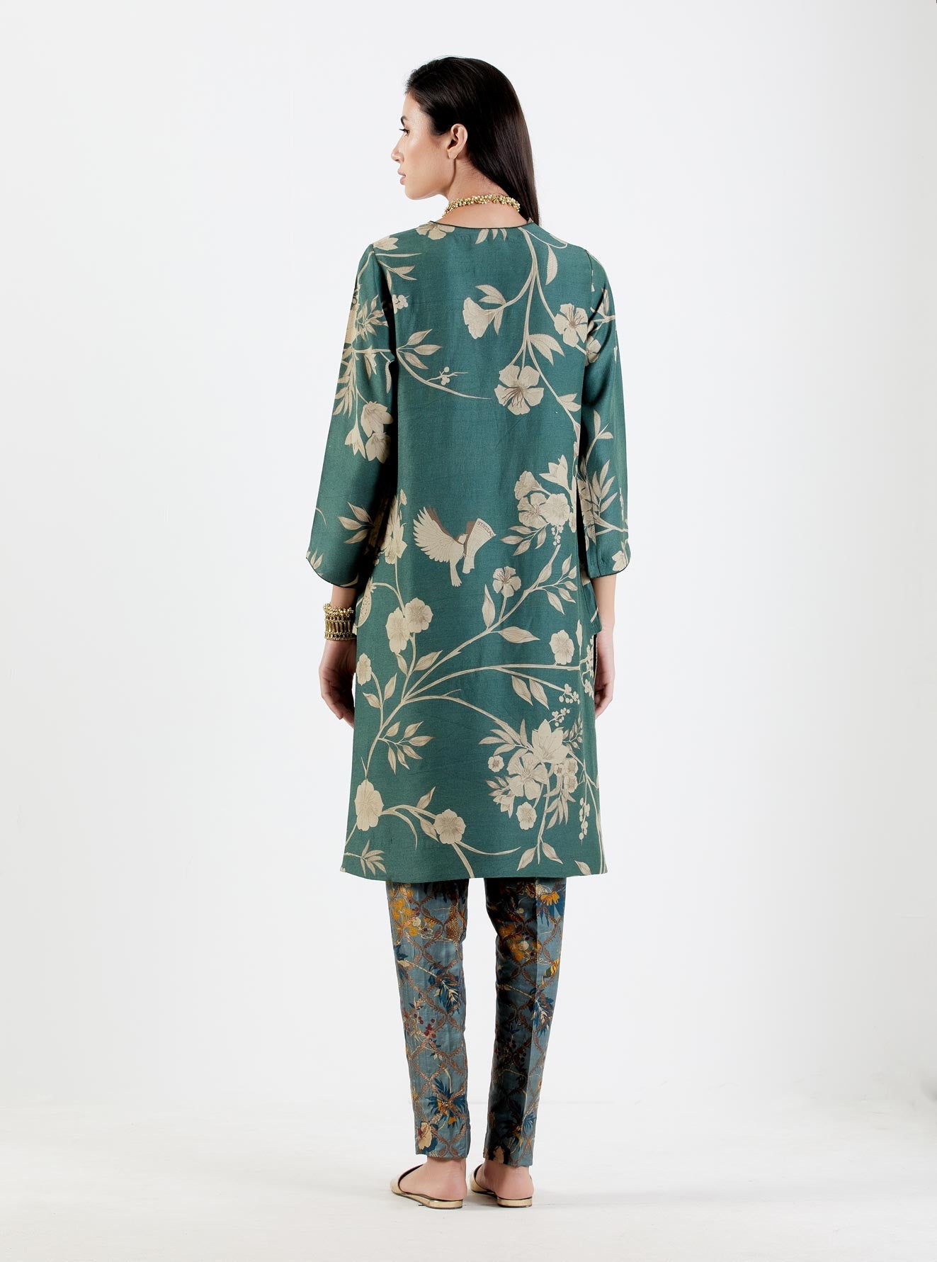 V Neck Kurta Muga Satin Forest