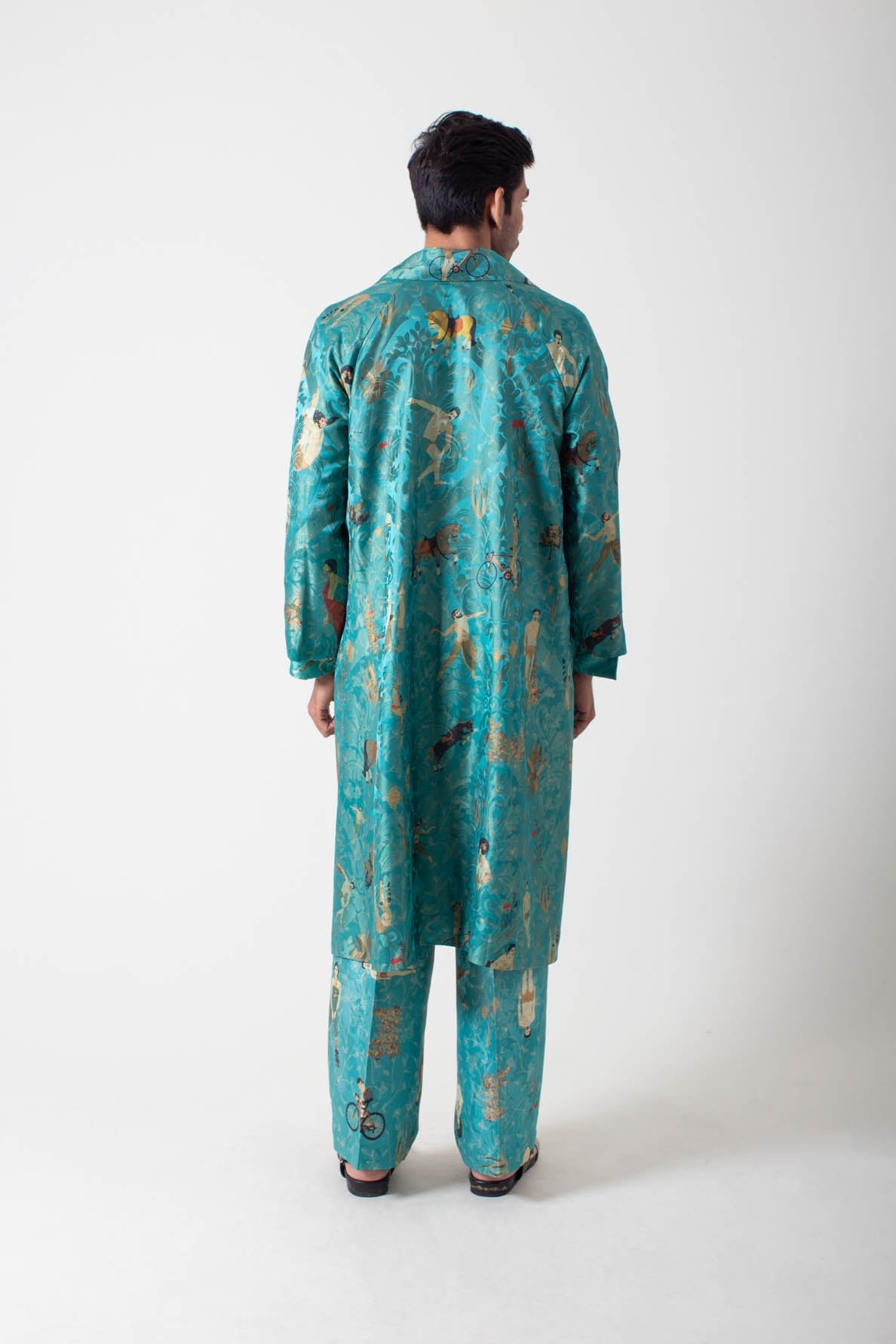 Long Coat Silk Damask Turquoise