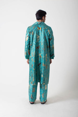 Long Coat Silk Damask Turquoise