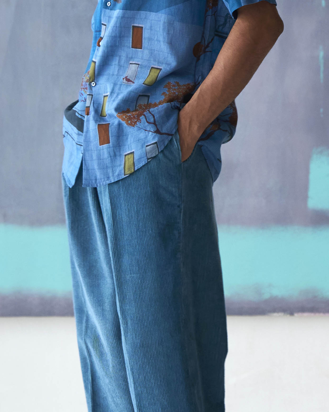 Single Pleat Trousers Dusty Blue In Corduroy