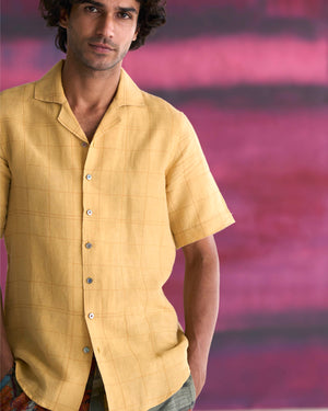 Bush Shirt Cotton Linen Yellow Check