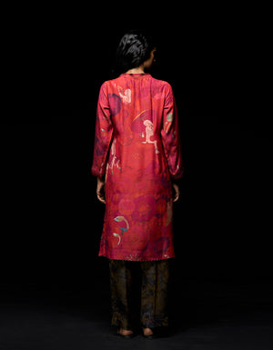 Roshan V-Neck Kurta Muga Satin Red