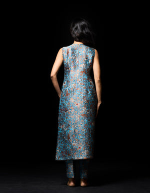 Zipper Kurta Silk Brocade Blue