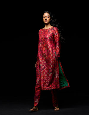 Zipper Kurta Silk Brocade Red