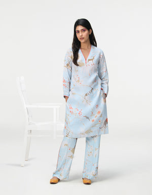 V Neck Kurta Linen Ice Blue