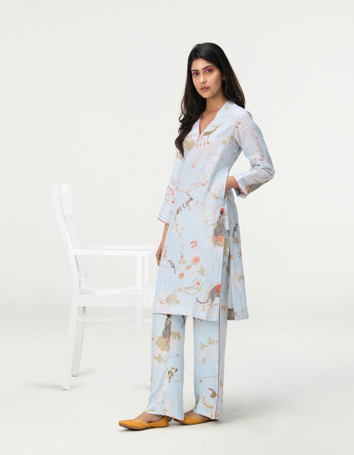 V Neck Kurta Linen Ice Blue