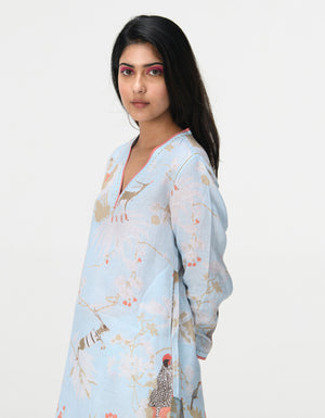 V Neck Kurta Linen Ice Blue