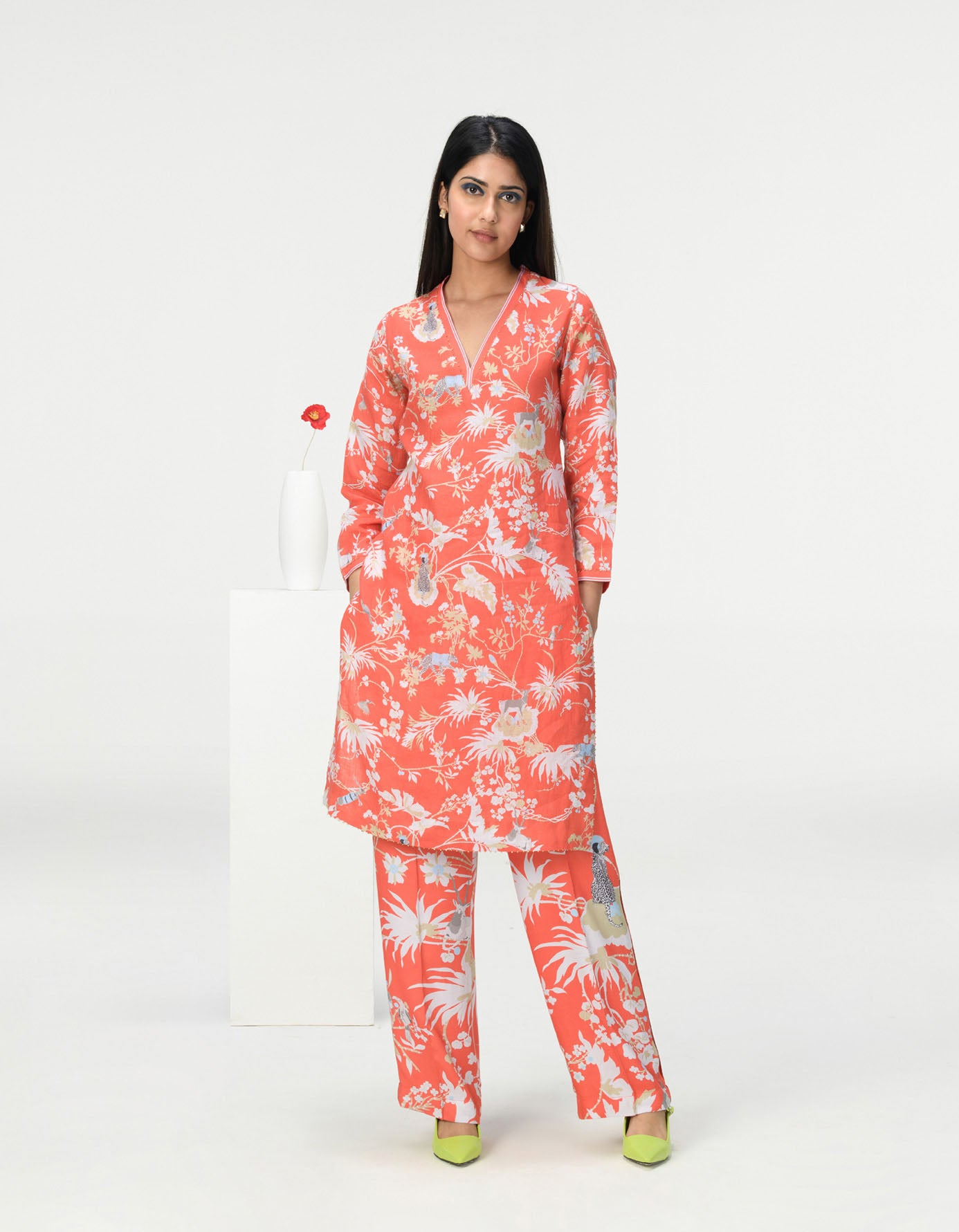 V Neck Kurta Linen Coral