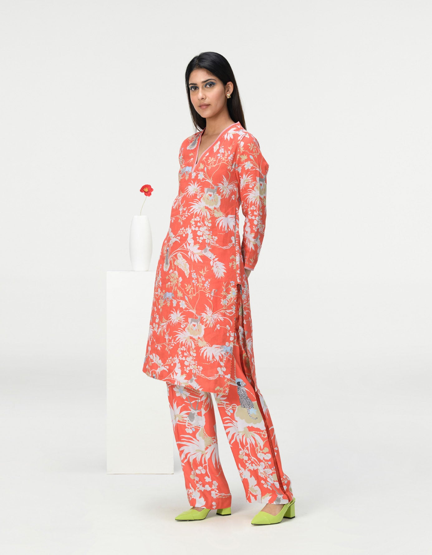 V Neck Kurta Linen Coral