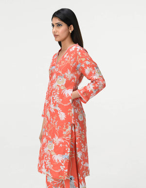 V Neck Kurta Linen Coral