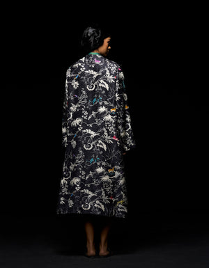 Long Coat Silk Damask Black