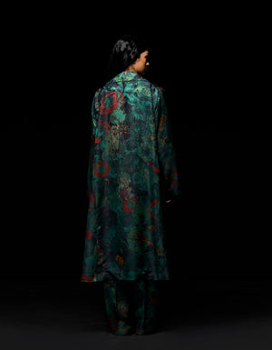 Long Coat Silk Damask Emerald