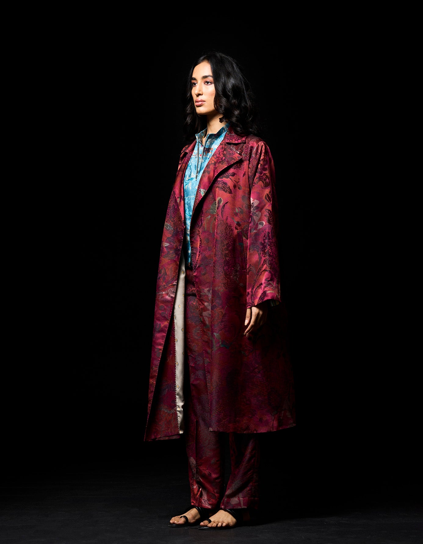 Long Coat Silk Damask Red