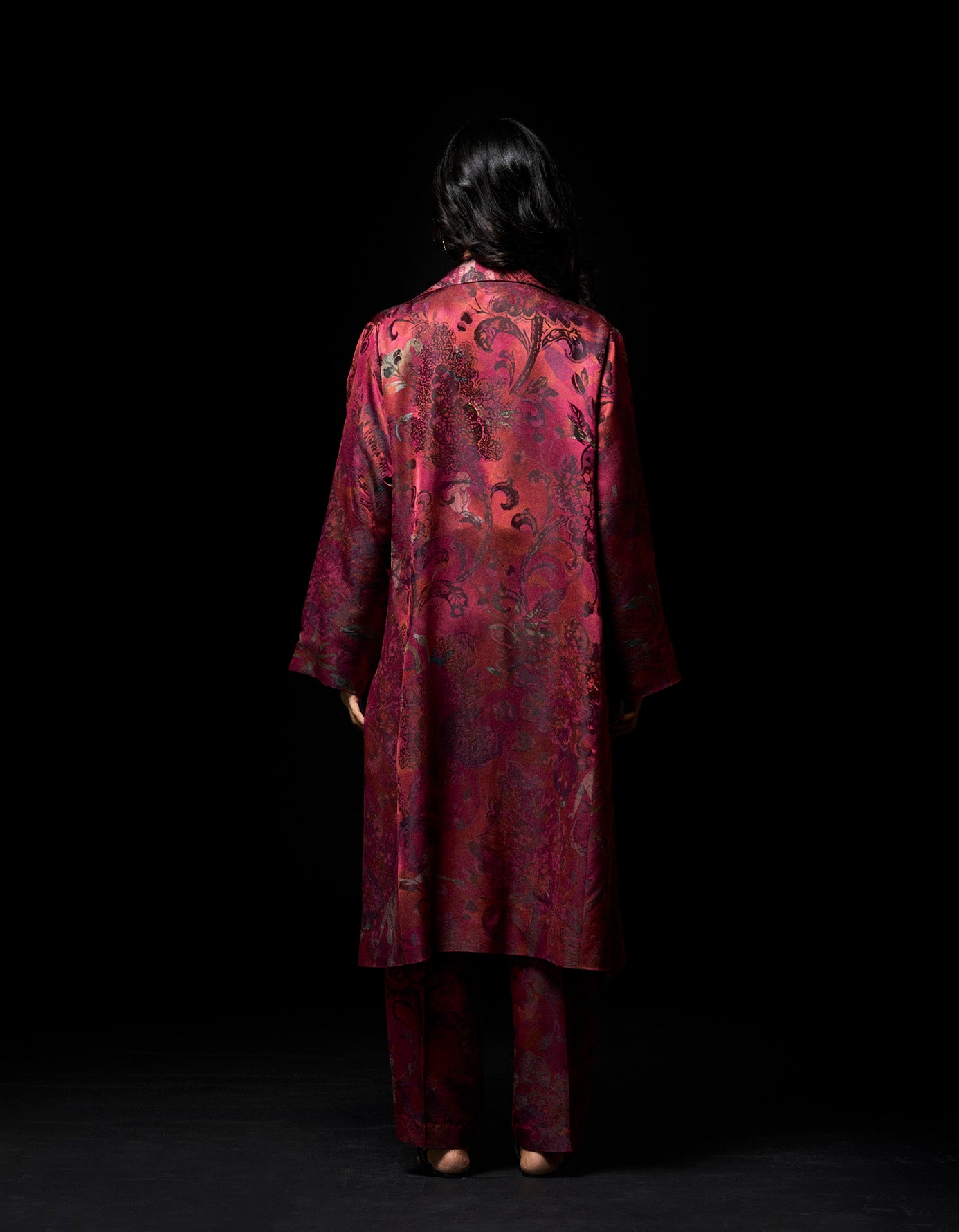 Long Coat Silk Damask Red