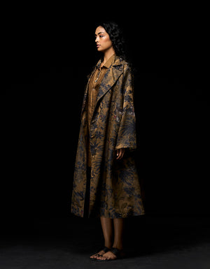 Long Coat Silk Damask Beige
