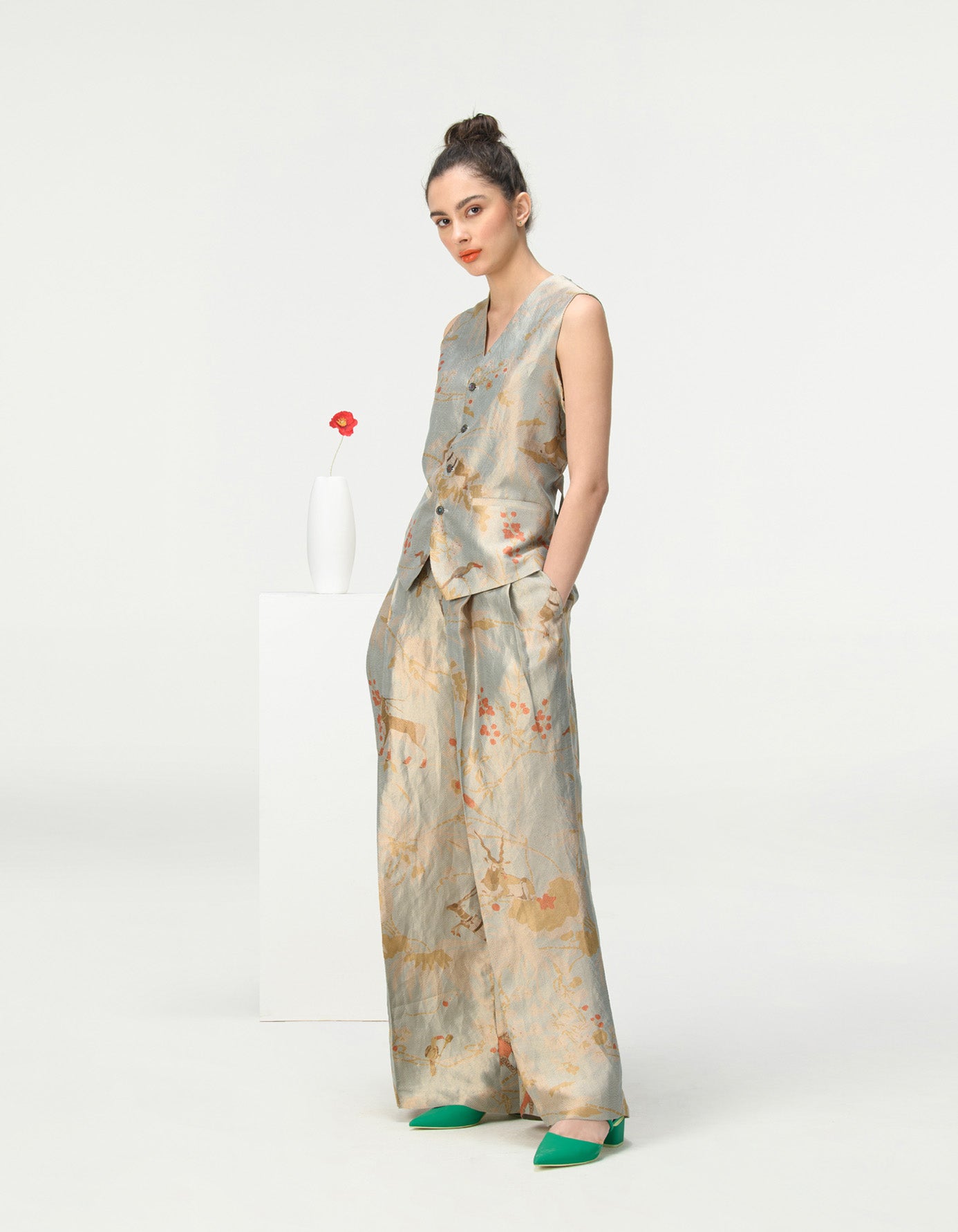 Vest Coat Silk Brocade Ice Blue