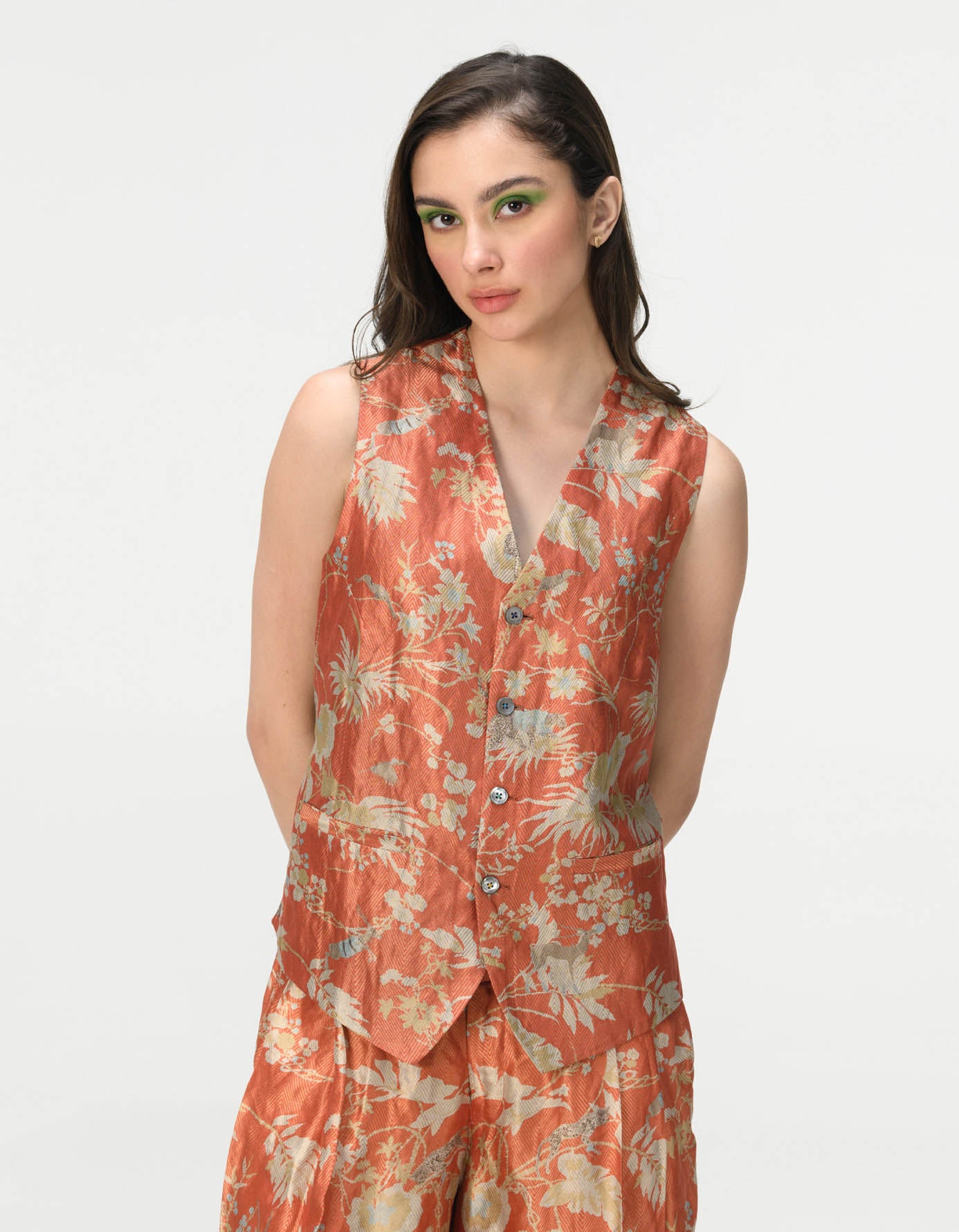Vest Coat Silk Brocade Coral