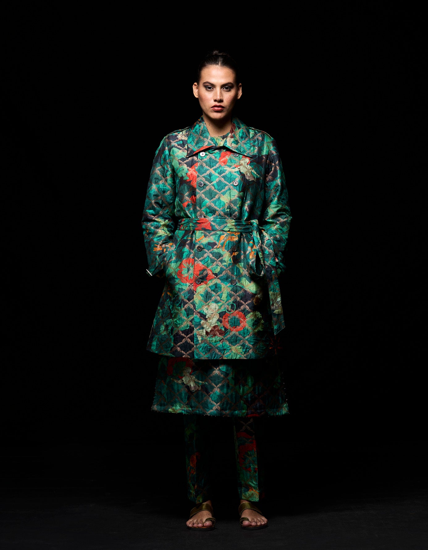 Trench Silk Brocade Emerald