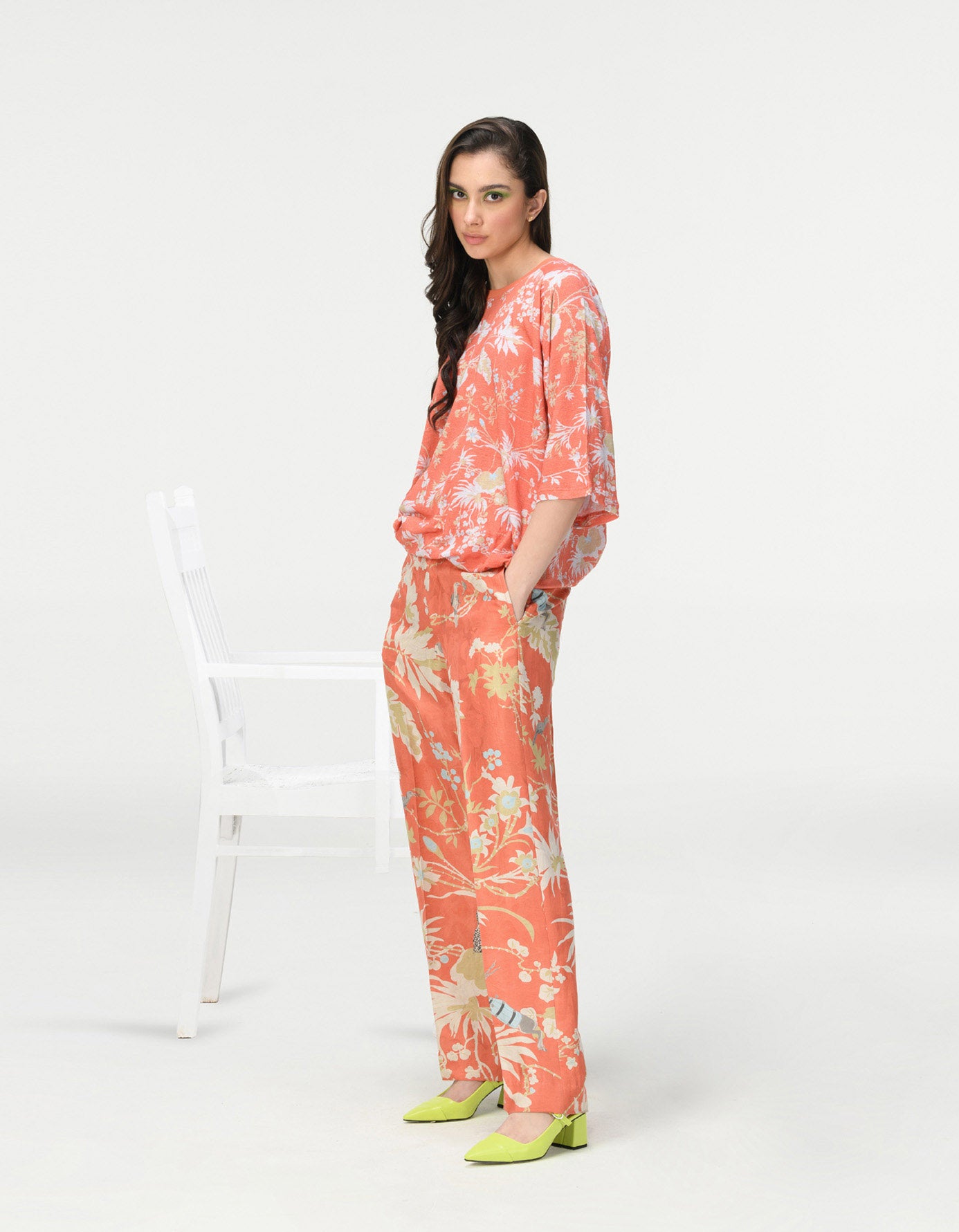 Straight Fit Trousers Silk Damask Coral