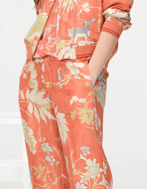 Straight Fit Trousers Silk Damask Coral