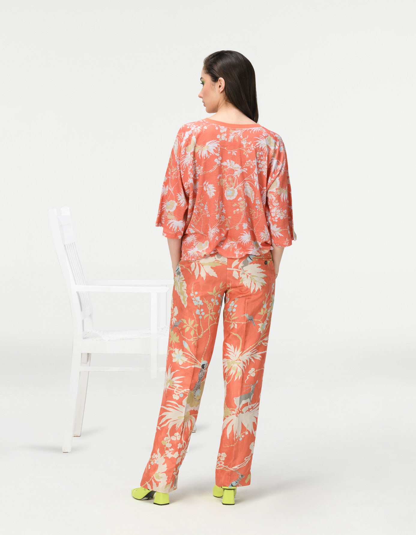 Straight Fit Trousers Silk Damask Coral