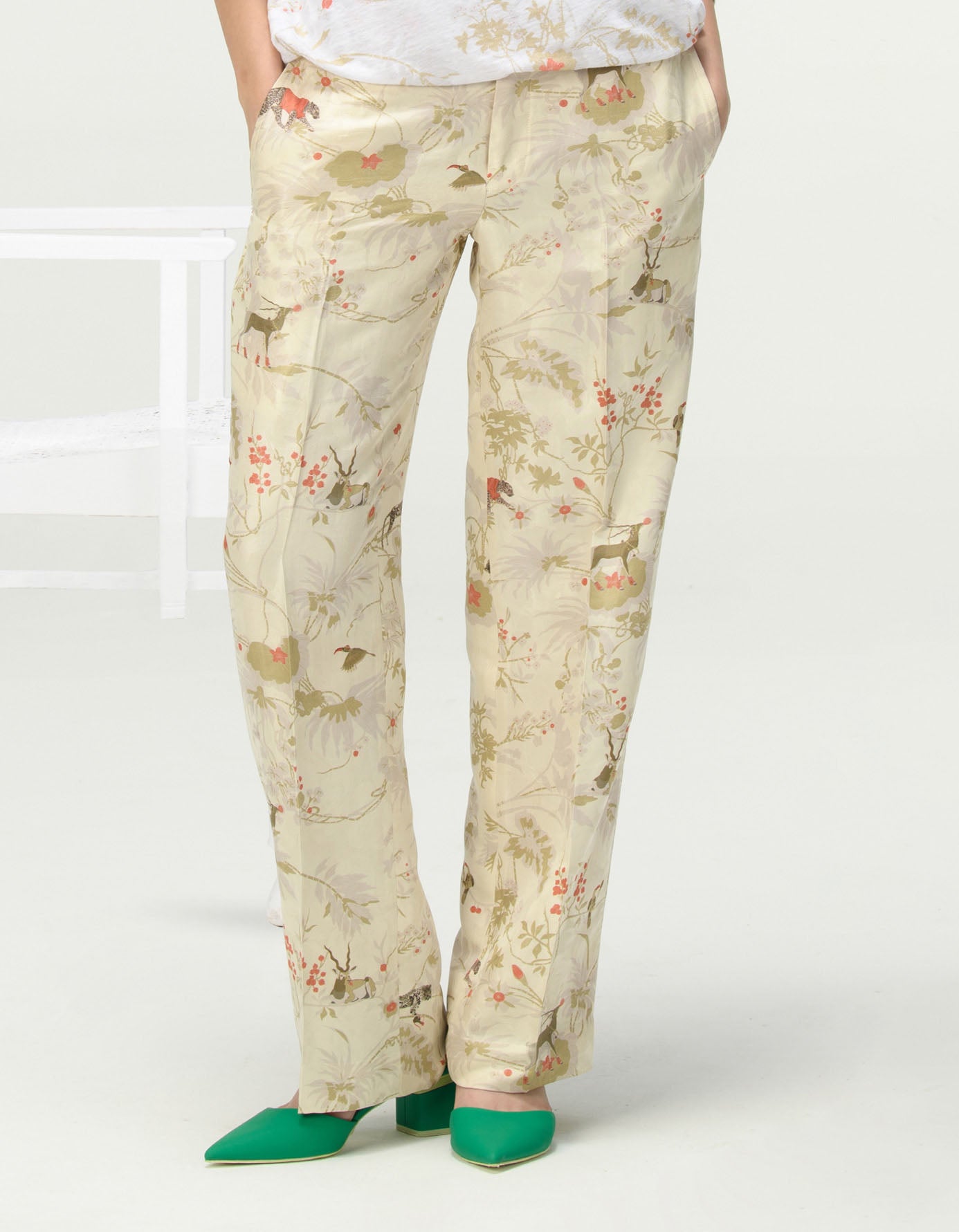 Straight Fit Trousers Silk Damask Ivory