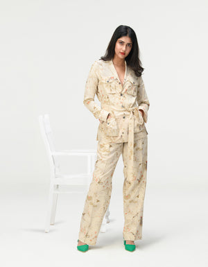 Single Pleated Trousers Cotton Silk Check Ivory