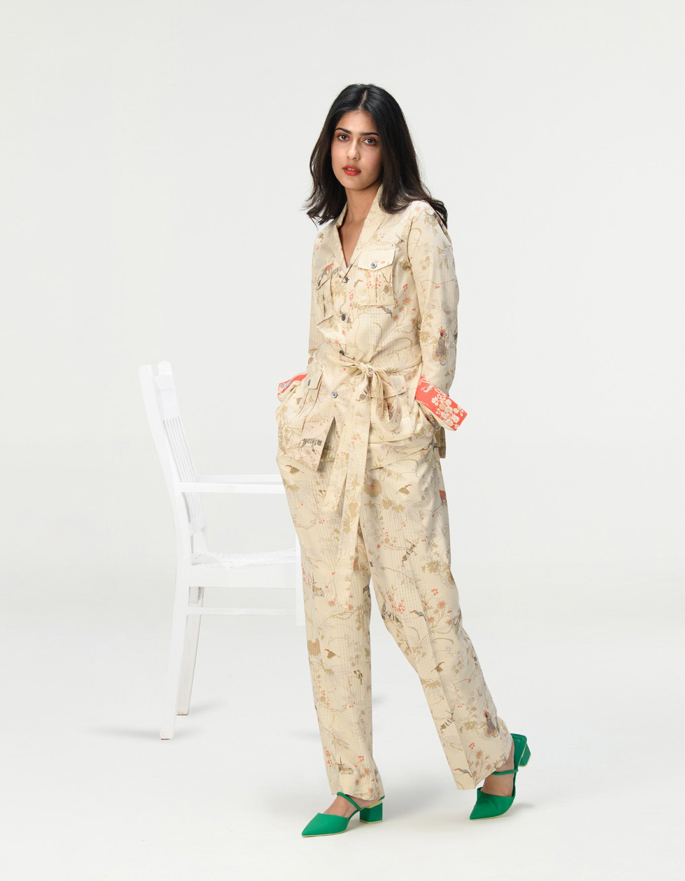 Single Pleated Trousers Cotton Silk Check Ivory
