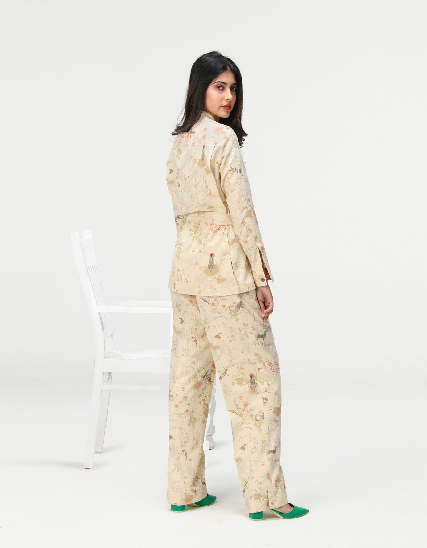 Single Pleated Trousers Cotton Silk Check Ivory