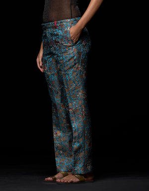 Boot Cut Trouser Silk Brocade Blue