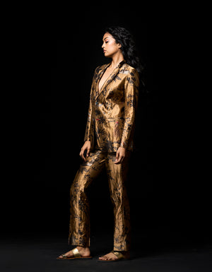 Boot Cut Trouser Silk Brocade Beige